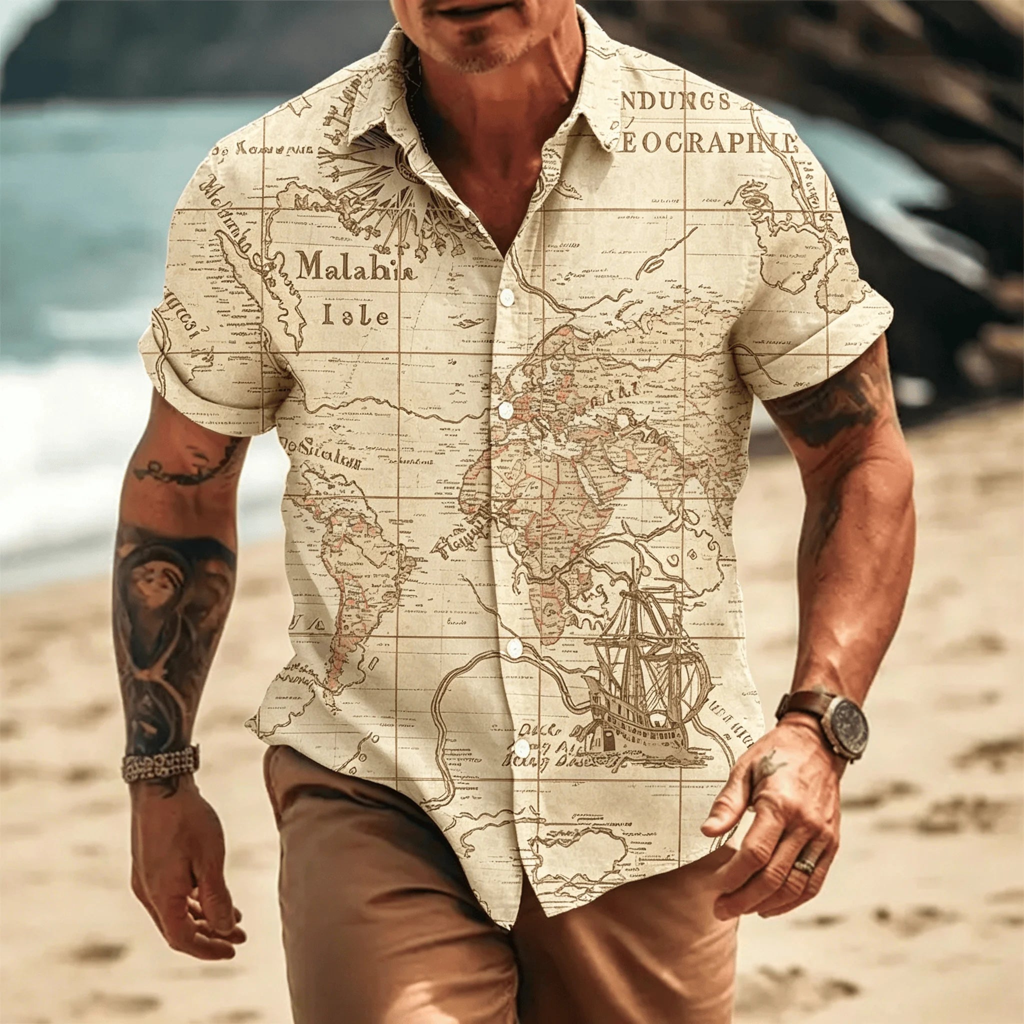 Men's Vintage Pirate Treasure Map Print Short Sleeve Shirt, Casual Nautical Button Up Shirt for Spring & Summer