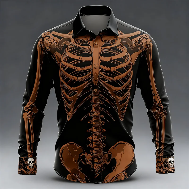 New men's long sleeved shirt skeleton 3D skull print shirt men's fashion pattern long sleeved shirt casual top