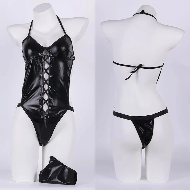 Latex Leather Underwear Women Hollow Bra Set Erotic Costumes Backless V Neck Baby Doll Dress Plus Size Corsets Sexy Lingerie Set