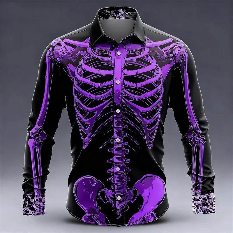 New men's long sleeved shirt skeleton 3D skull print shirt men's fashion pattern long sleeved shirt casual top