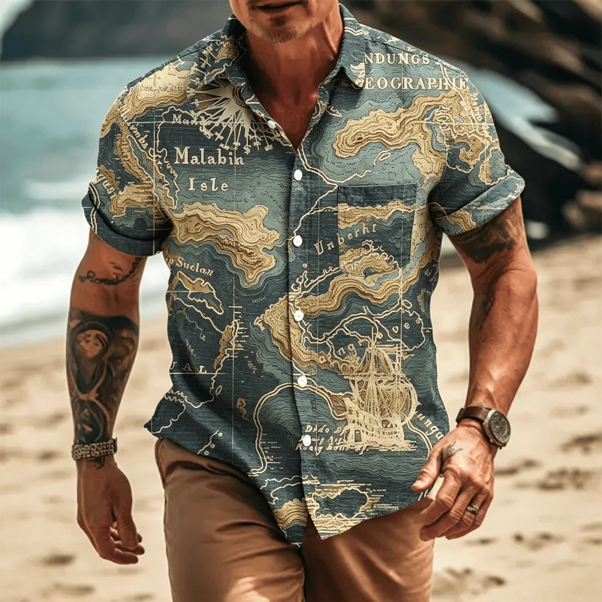 Men's Vintage Pirate Treasure Map Print Short Sleeve Shirt, Casual Nautical Button Up Shirt for Spring & Summer