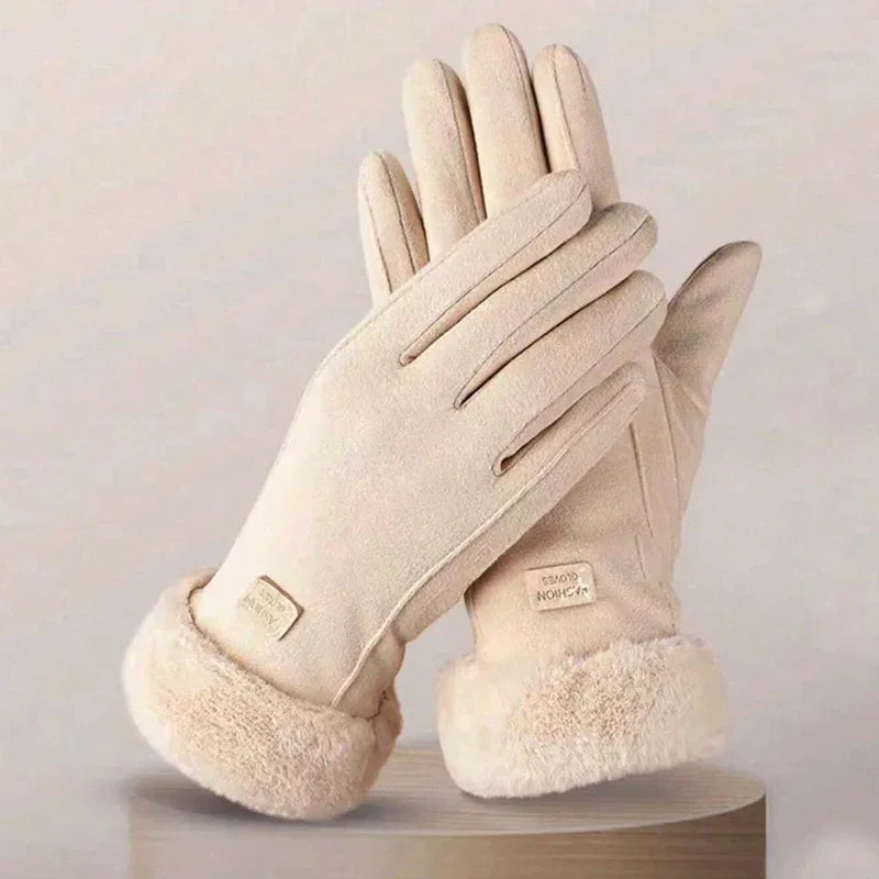 Comfortable beige touchscreen gloves with plush lining - providing thick and warm winter protection for outdoor leisure