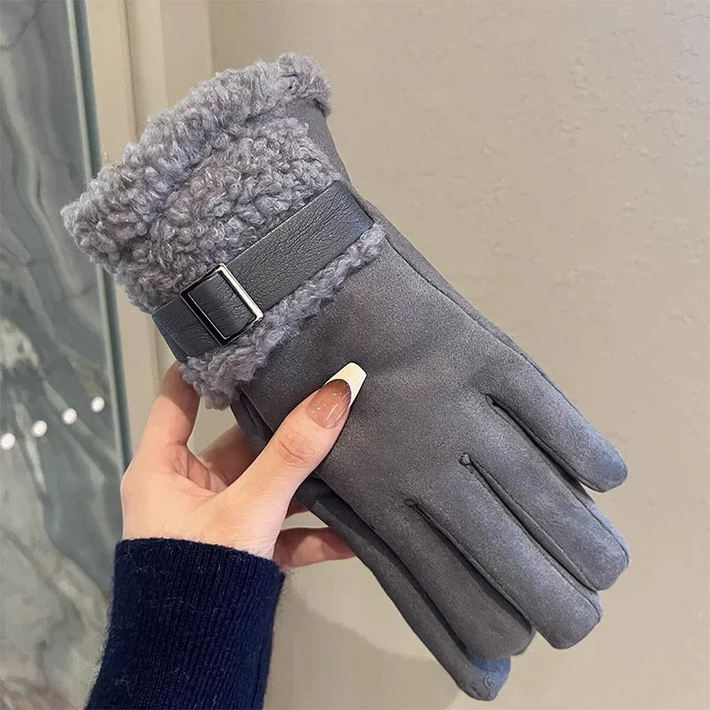 Women's Winter Gloves with Fleece Lining, Warm, Windproof, Cold-Resistant, Plush Decoration, Touchscreen Compatible, Suitable fo