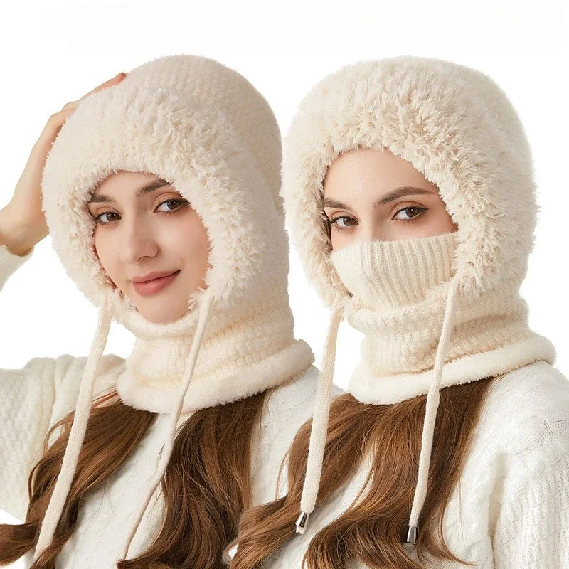 Thermal Knitted Balaclava Hood With Face Mask And Scarf For Women Winter Cycling Outdoor Activities Windproof Ear Warm Hat