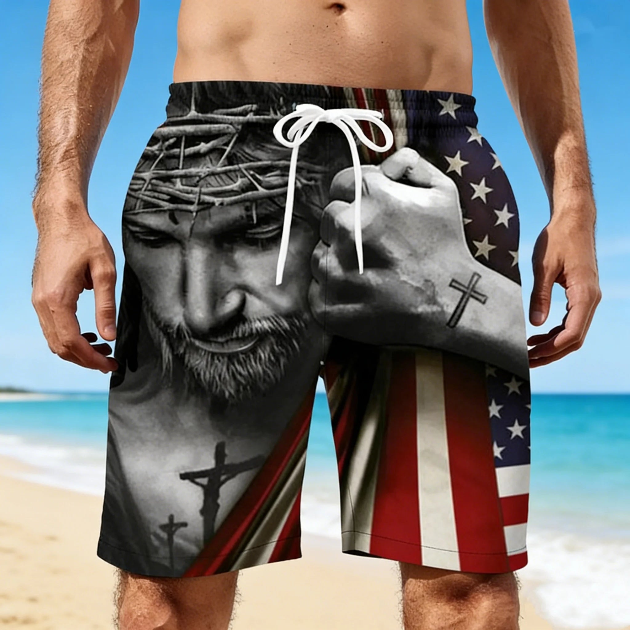 2026 Men 3D USA Flag Graphic Beach Shorts Men's USA Flag Print Surf Board Trunks Male Hawaii Swimwear Pants Mens Cool Ice Shorts