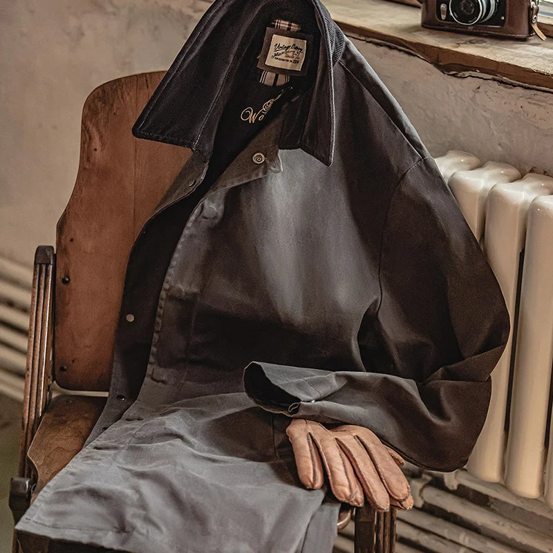 Maden Men's Vintage Waxed Windbreaker Corduroy Turn-down Collar Mid-length Overcoat Windproof and Waterproof Trench Loose Jacket