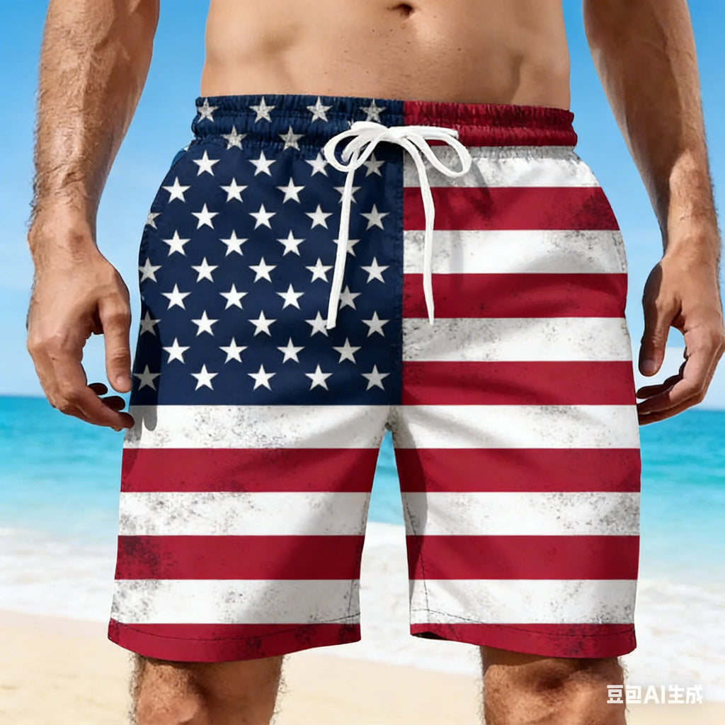 2026 Men 3D USA Flag Graphic Beach Shorts Men's USA Flag Print Surf Board Trunks Male Hawaii Swimwear Pants Mens Cool Ice Shorts