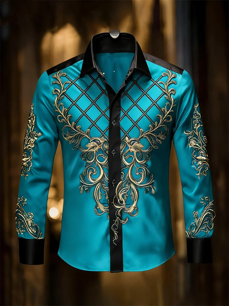 New men's 11 color 3D grid printed shirt with high-quality patterns, casual and fashionable long sleeved lapel shirt