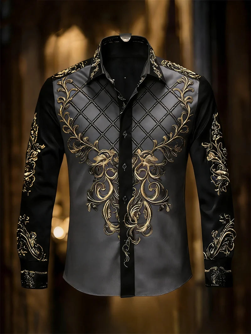 New men's 11 color 3D grid printed shirt with high-quality patterns, casual and fashionable long sleeved lapel shirt