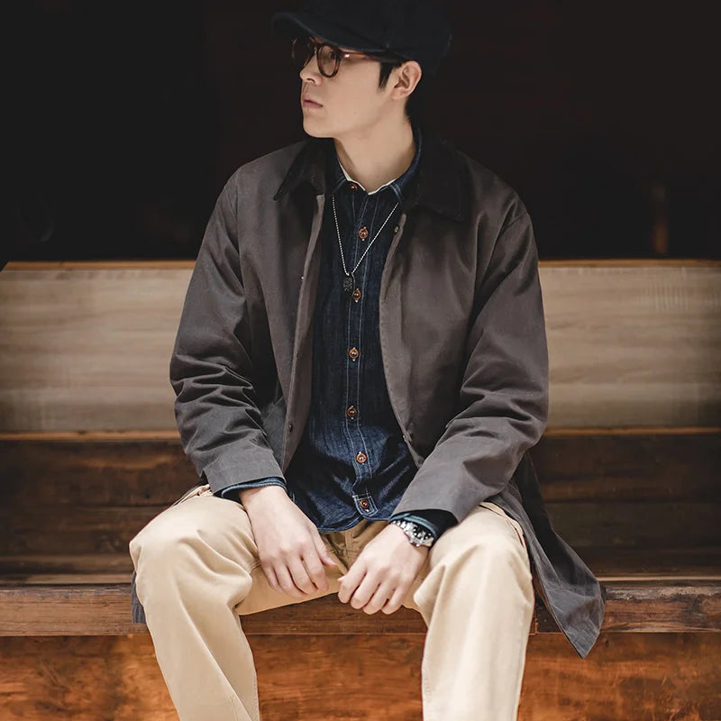 Maden Men's Vintage Waxed Windbreaker Corduroy Turn-down Collar Mid-length Overcoat Windproof and Waterproof Trench Loose Jacket