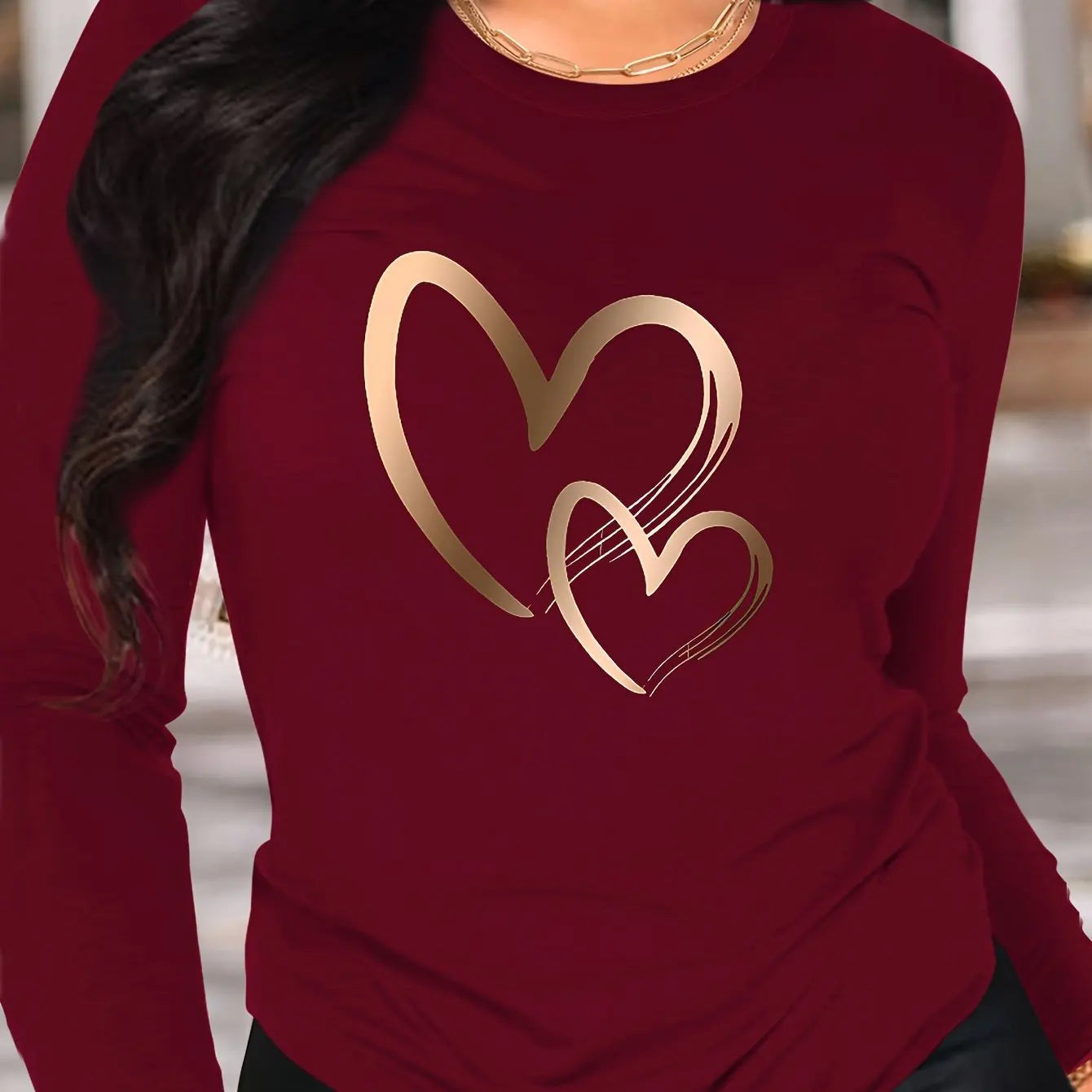 Spring and Autumn Women's 100% Cotton Fashion Casual Loose Heart Pattern Printed Long Sleeve Round Neck T-shirt