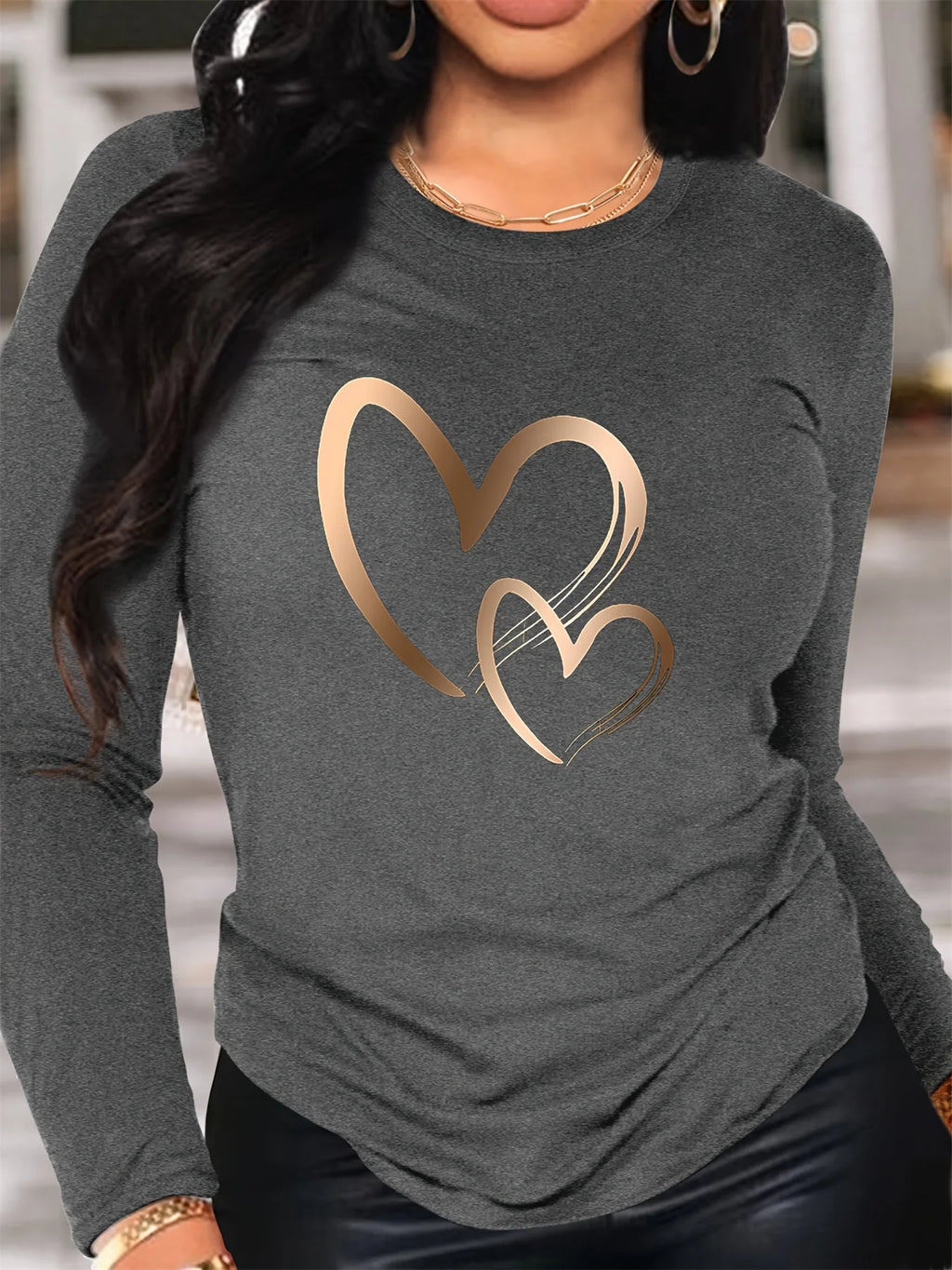 Spring and Autumn Women's 100% Cotton Fashion Casual Loose Heart Pattern Printed Long Sleeve Round Neck T-shirt