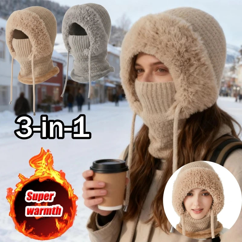 Thermal Knitted Balaclava Hood With Face Mask And Scarf For Women Winter Cycling Outdoor Activities Windproof Ear Warm Hat