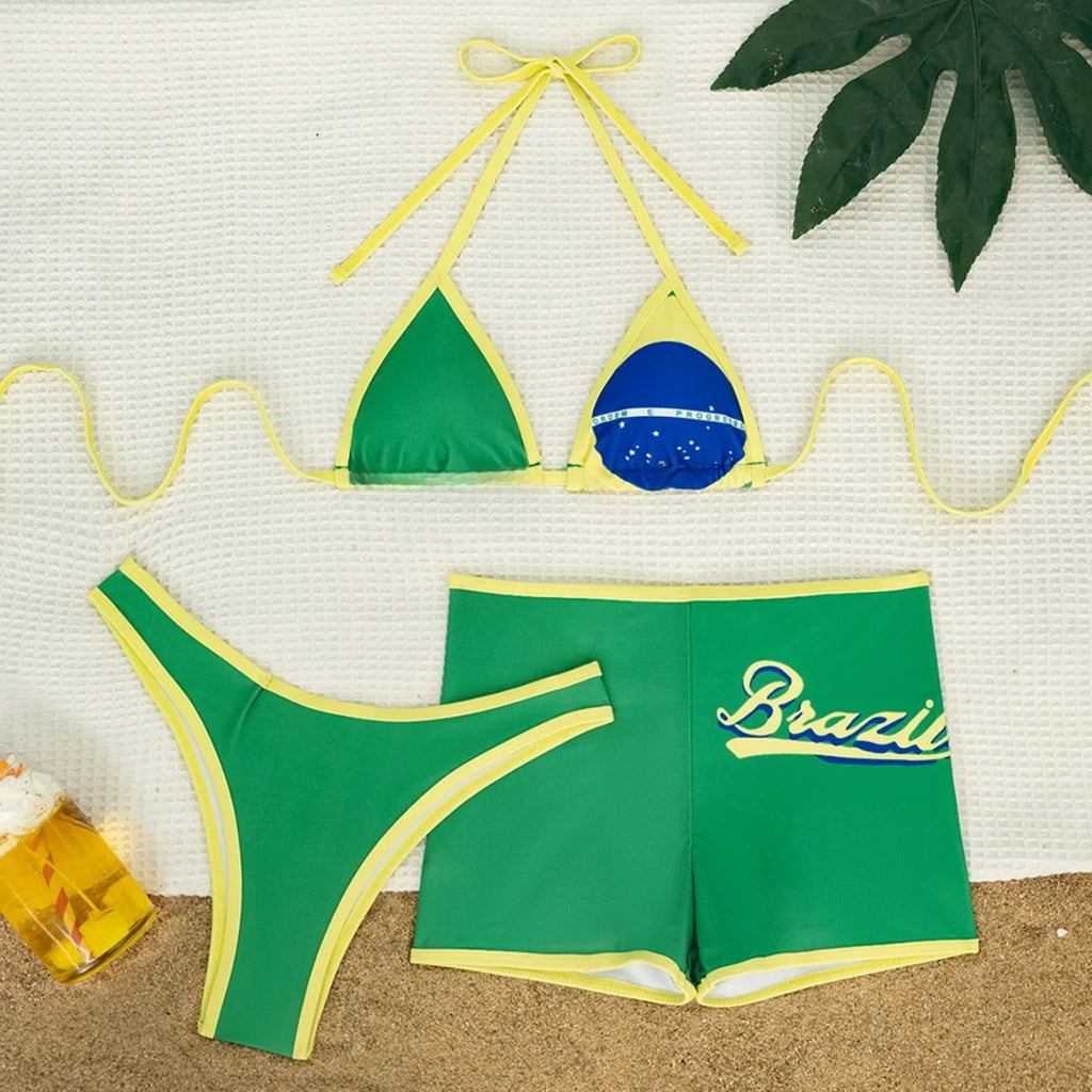 Sexy Flag Print Bikini Shorts Three-Piece Set for Women Cross-Border Swimwear Polyester Fabric Suitable for Swimming And Wate...