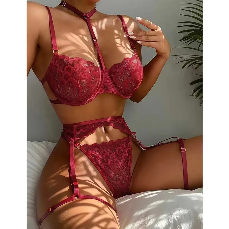 Floral Lace Garter Lingerie Set With Choker Women Intimates 2024 Underwire Bra And Thongs Ladies Underwear Set