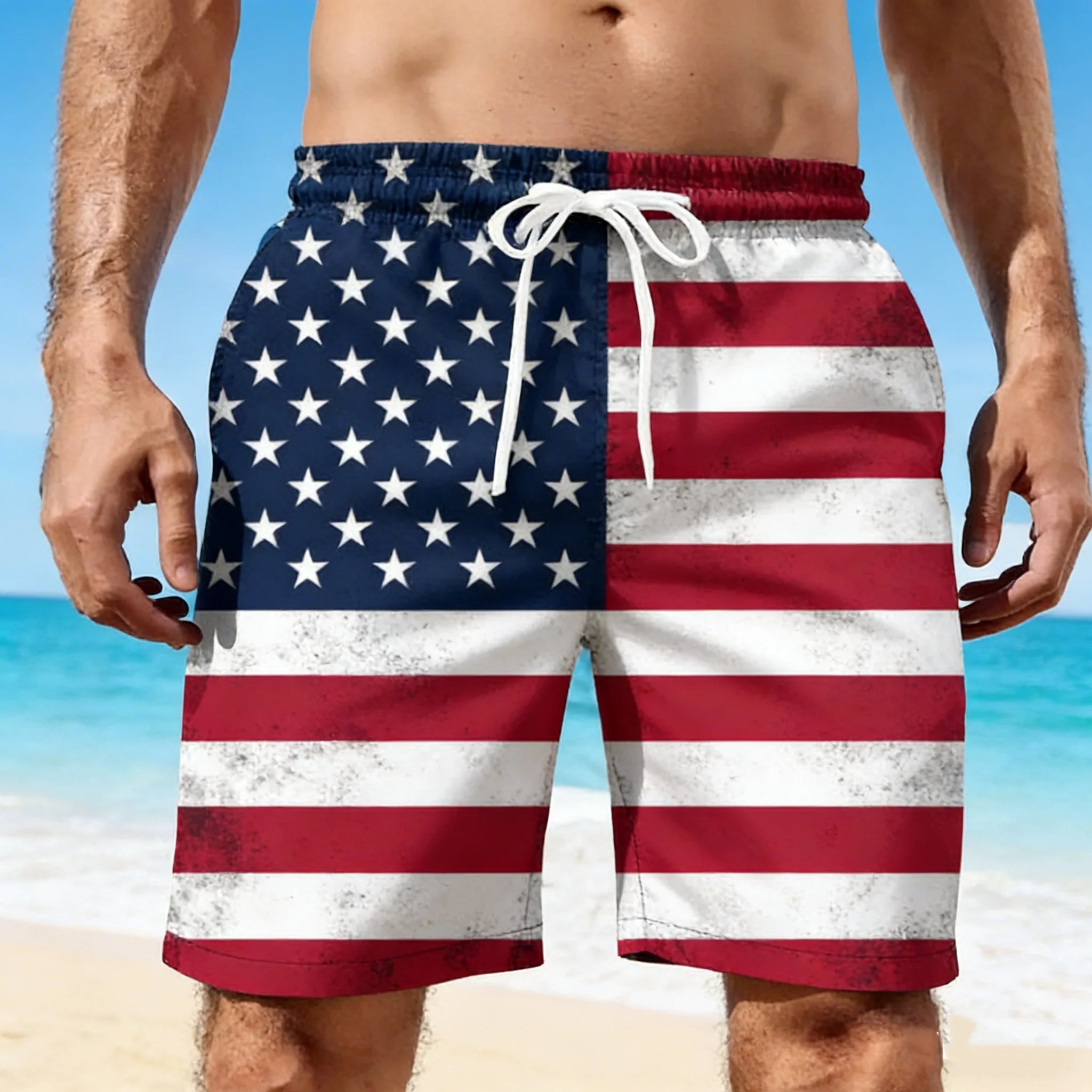 2026 Men 3D USA Flag Graphic Beach Shorts Men's USA Flag Print Surf Board Trunks Male Hawaii Swimwear Pants Mens Cool Ice Shorts