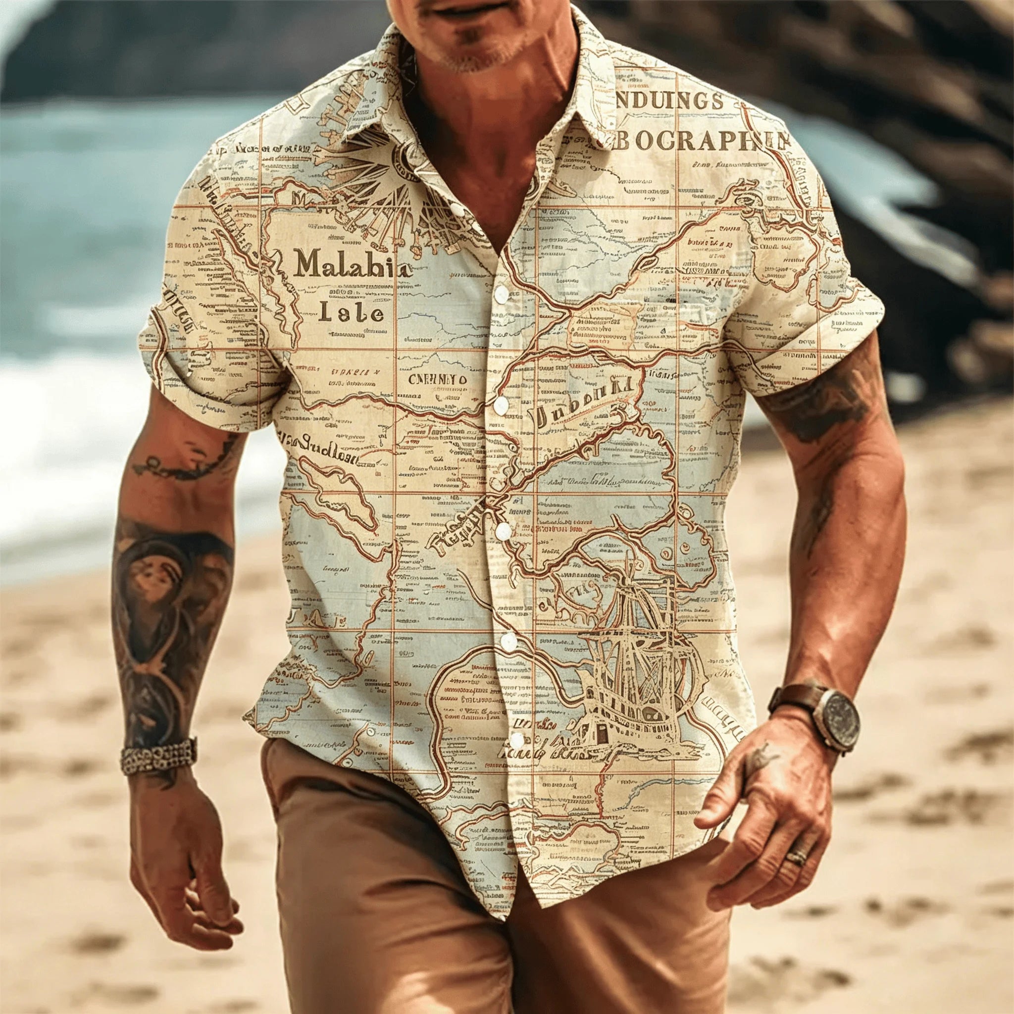 Men's Vintage Pirate Treasure Map Print Short Sleeve Shirt, Casual Nautical Button Up Shirt for Spring & Summer
