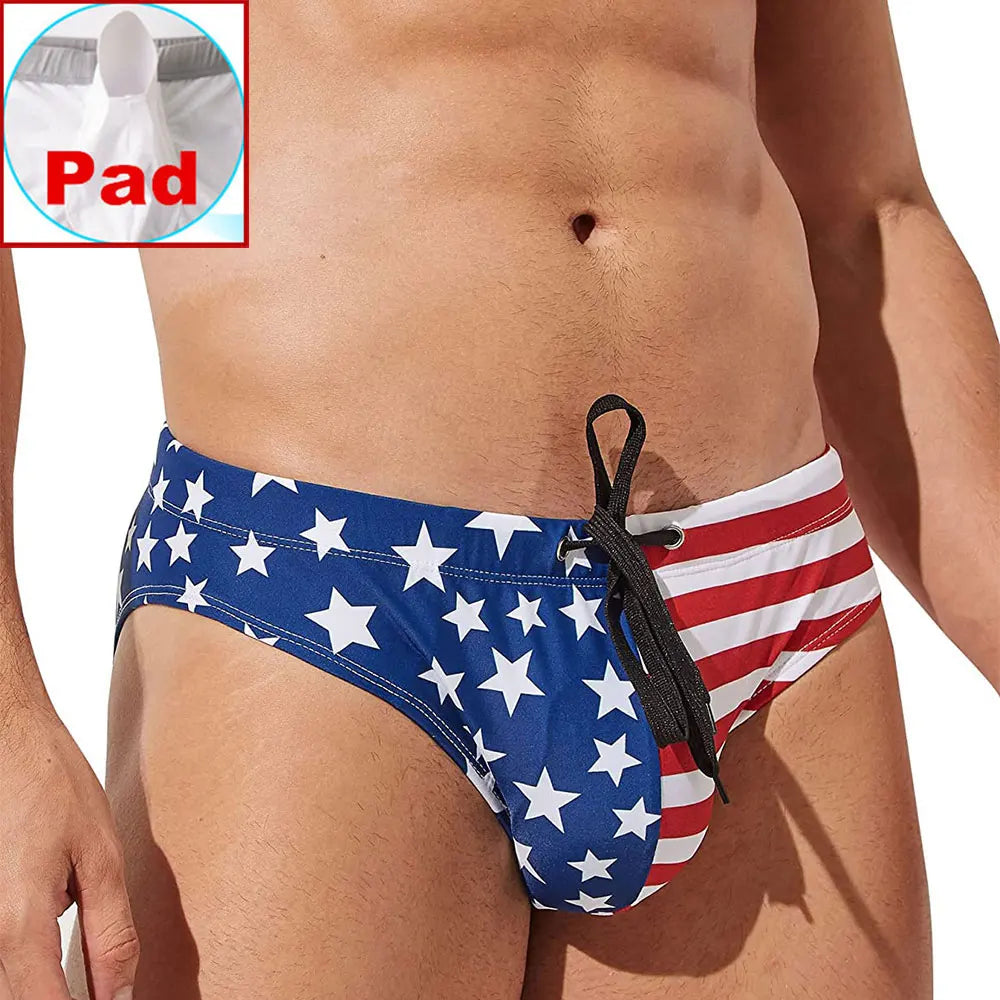 Mens USA Flag Stars Low Rise Swimwear Swim Bikini Briefs Swimsuit Beach Shorts Swimming Trunks Pouch Padded Bathing Suit Panties