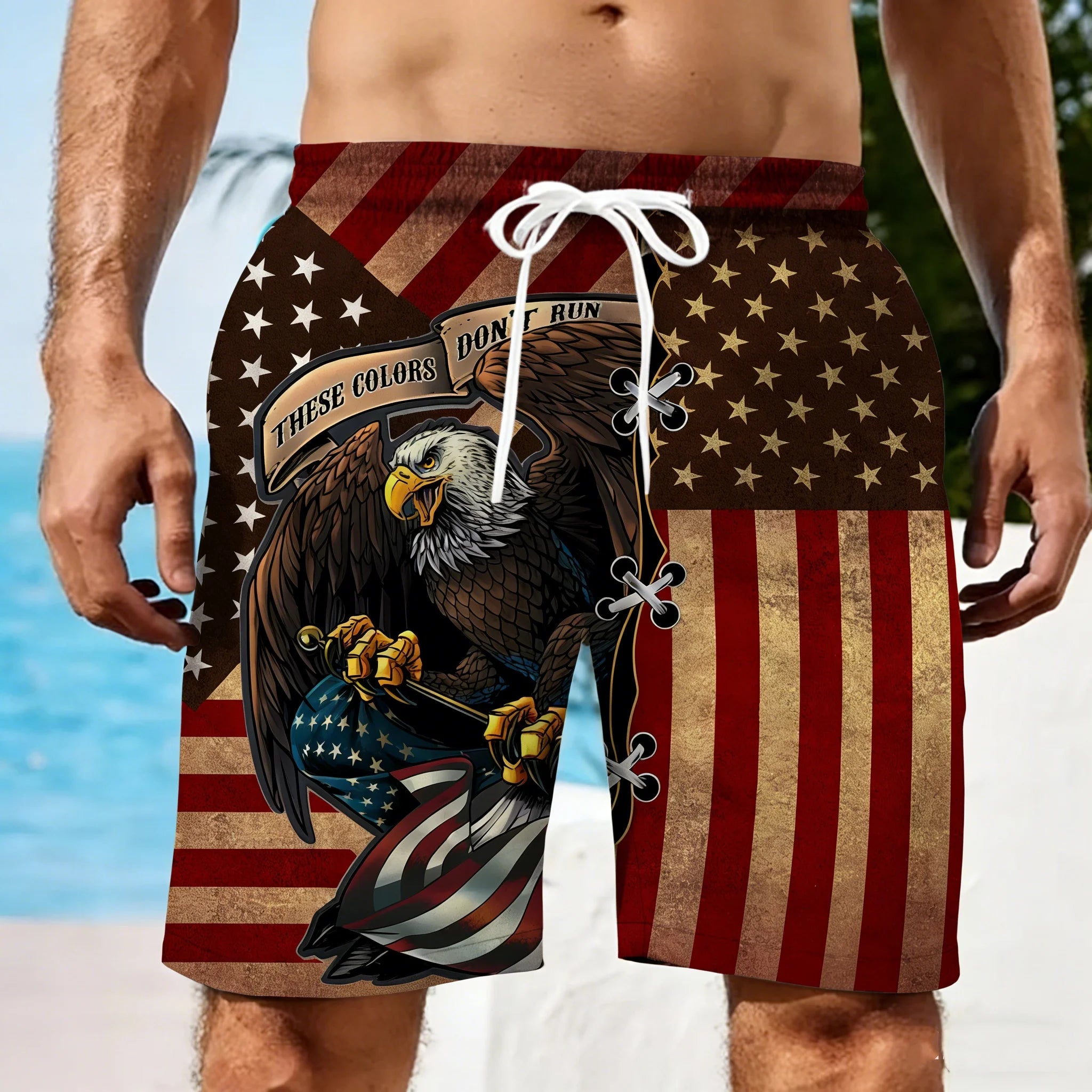 2026 Men 3D USA Flag Graphic Beach Shorts Men's USA Flag Print Surf Board Trunks Male Hawaii Swimwear Pants Mens Cool Ice Shorts