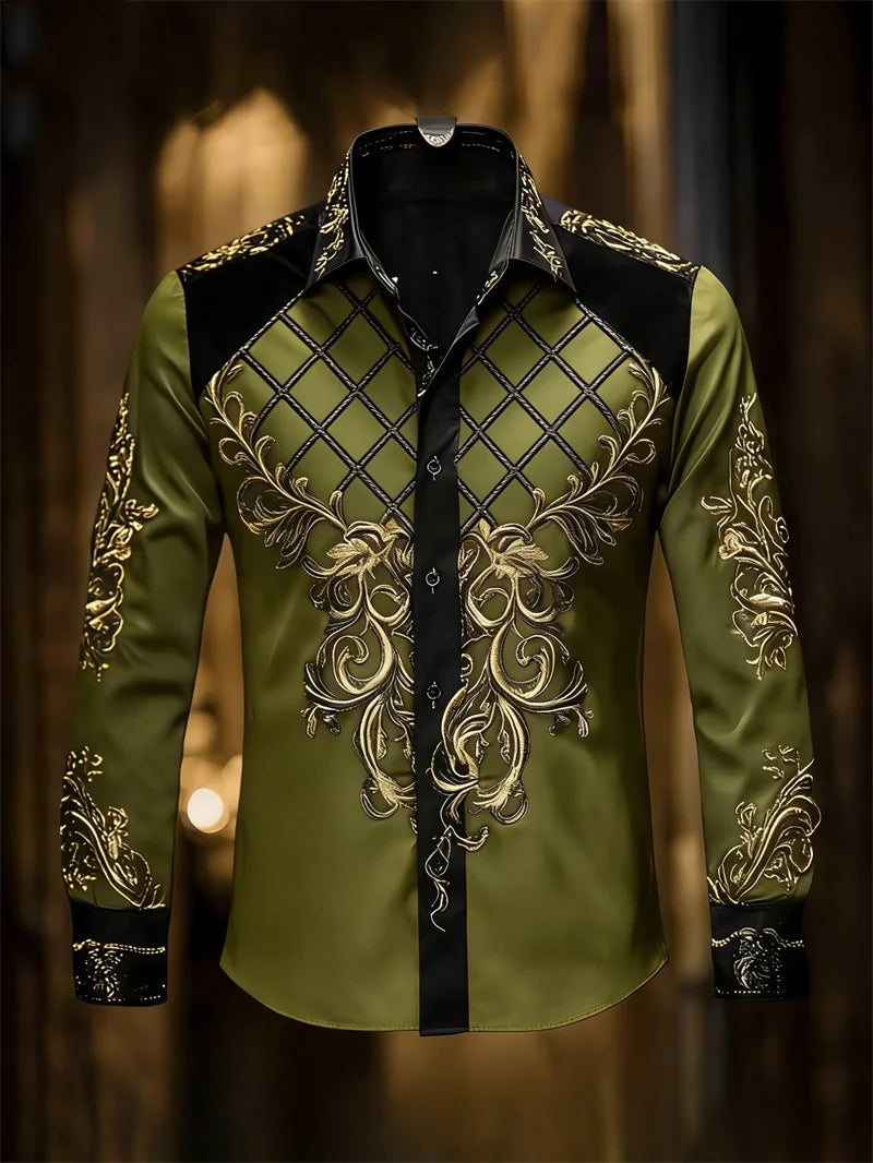 New men's 11 color 3D grid printed shirt with high-quality patterns, casual and fashionable long sleeved lapel shirt
