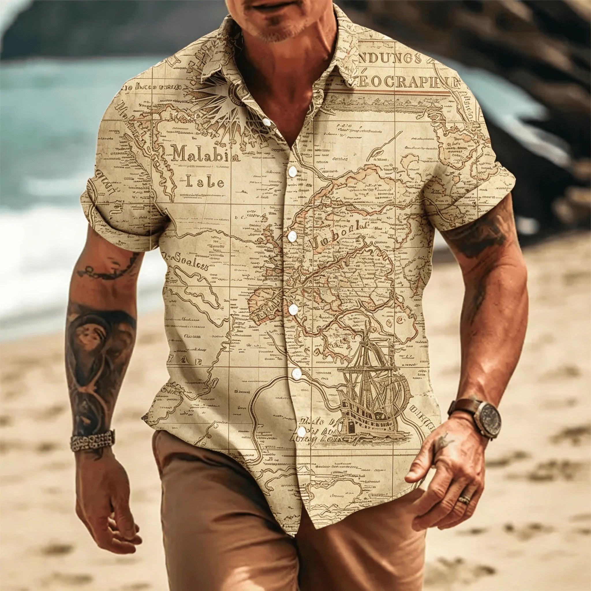 Men's Vintage Pirate Treasure Map Print Short Sleeve Shirt, Casual Nautical Button Up Shirt for Spring & Summer