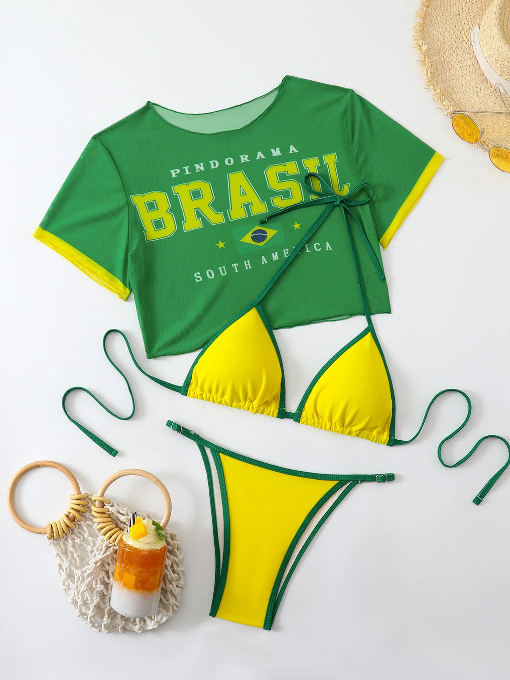 2026 new yellow green contrasting star print women's summer bikini sexy hot girl beach explosion street