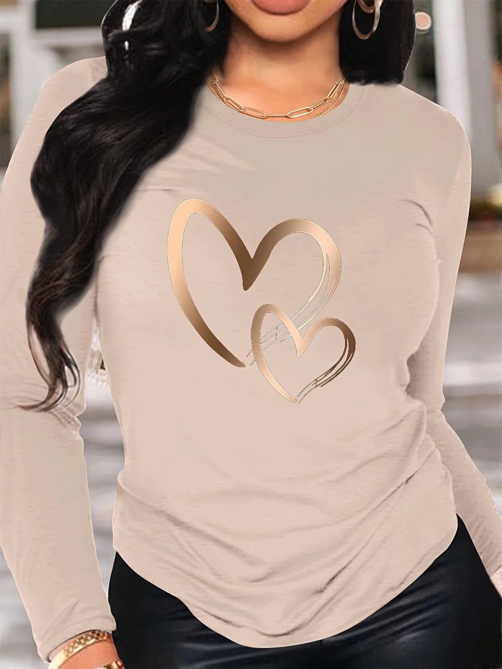 Spring and Autumn Women's 100% Cotton Fashion Casual Loose Heart Pattern Printed Long Sleeve Round Neck T-shirt