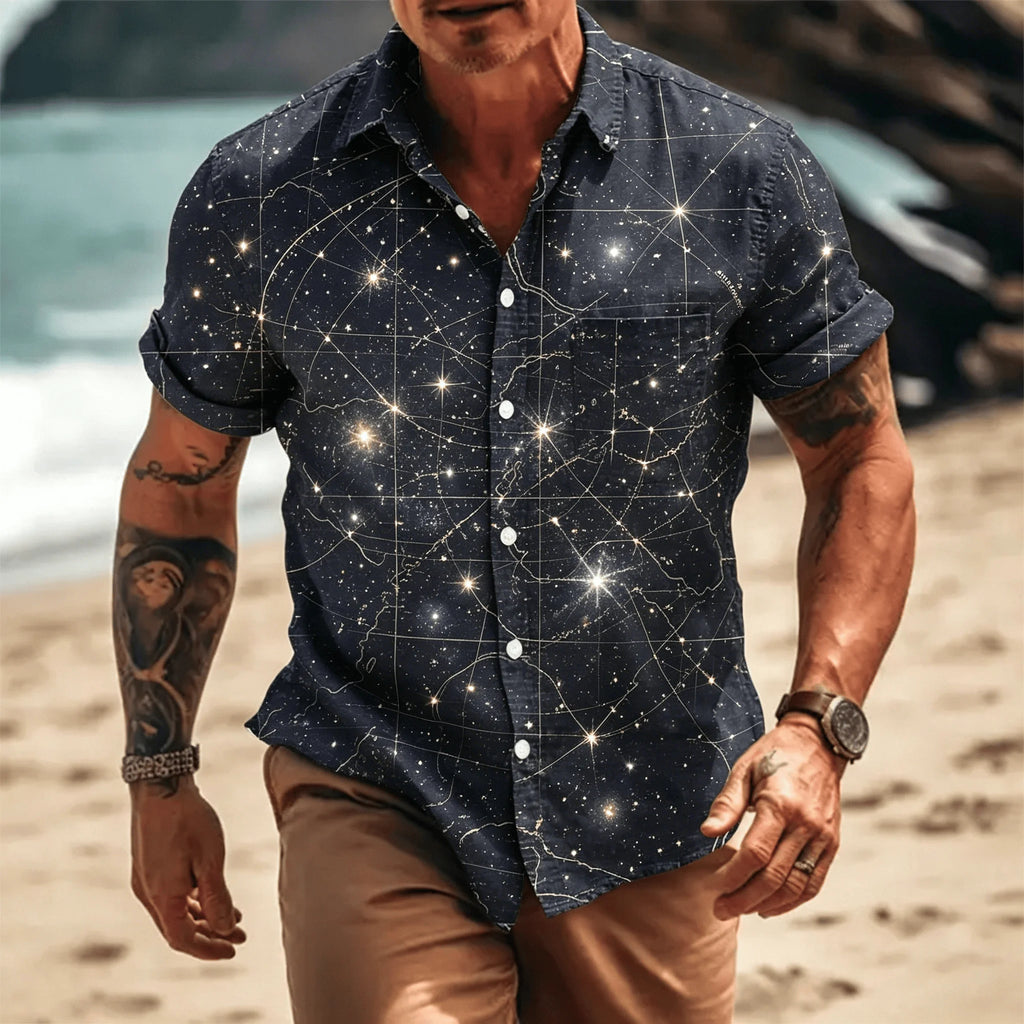 Men's Vintage Pirate Treasure Map Print Short Sleeve Shirt, Casual Nautical Button Up Shirt for Spring & Summer