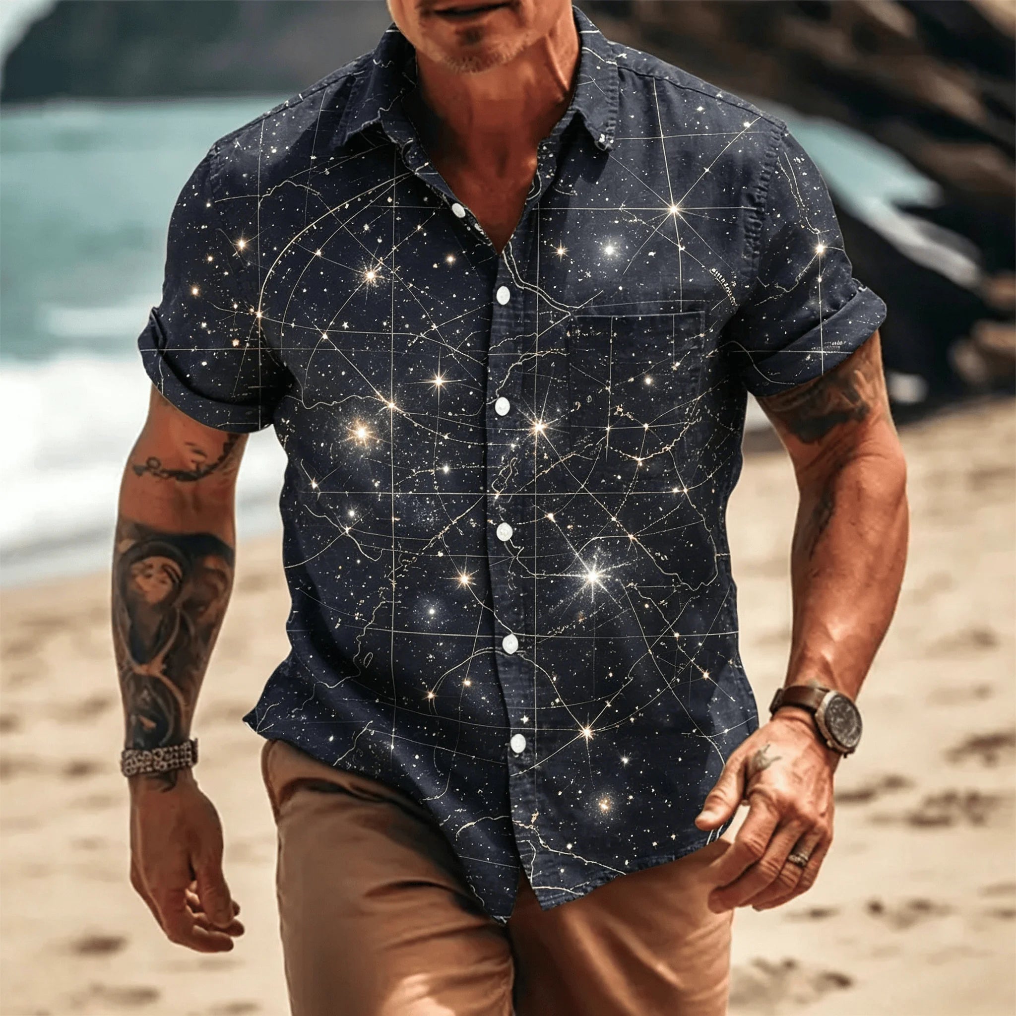 Men's Vintage Pirate Treasure Map Print Short Sleeve Shirt, Casual Nautical Button Up Shirt for Spring & Summer