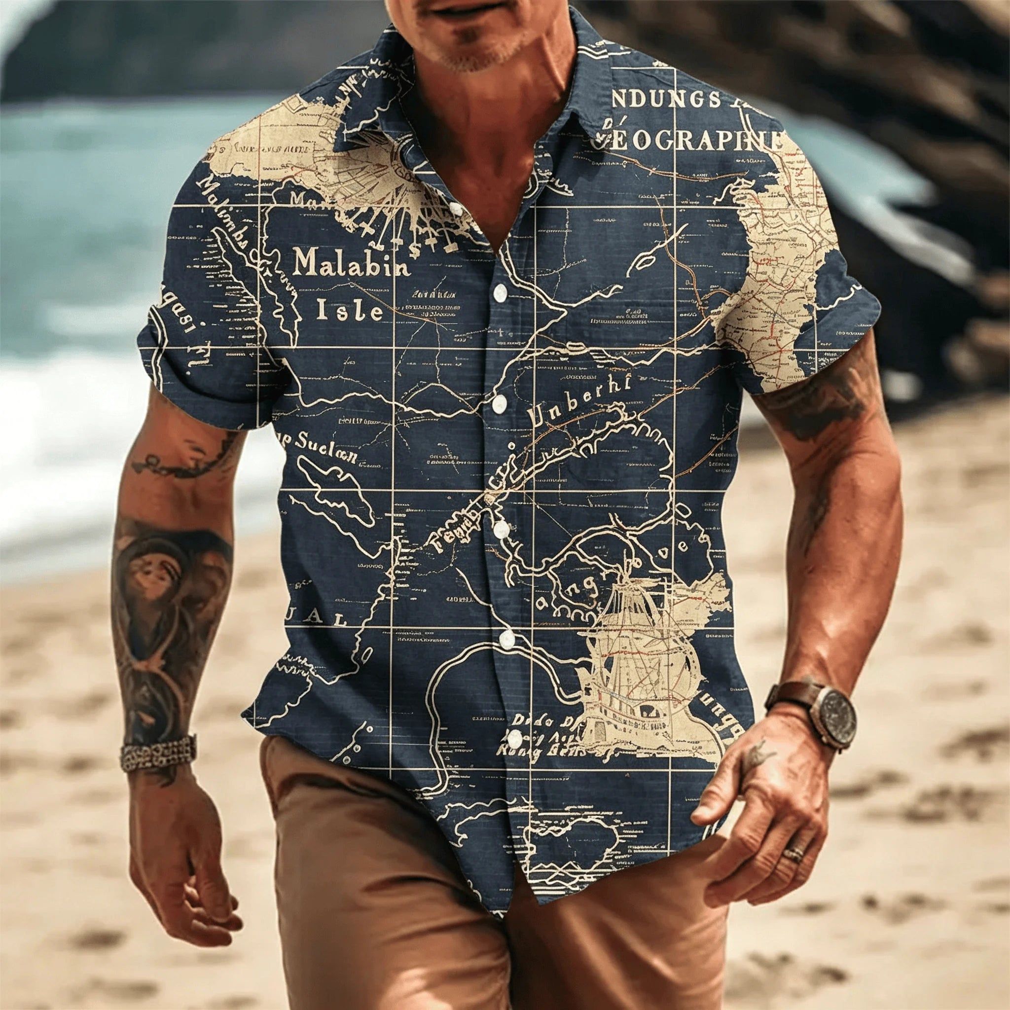 Men's Vintage Pirate Treasure Map Print Short Sleeve Shirt, Casual Nautical Button Up Shirt for Spring & Summer