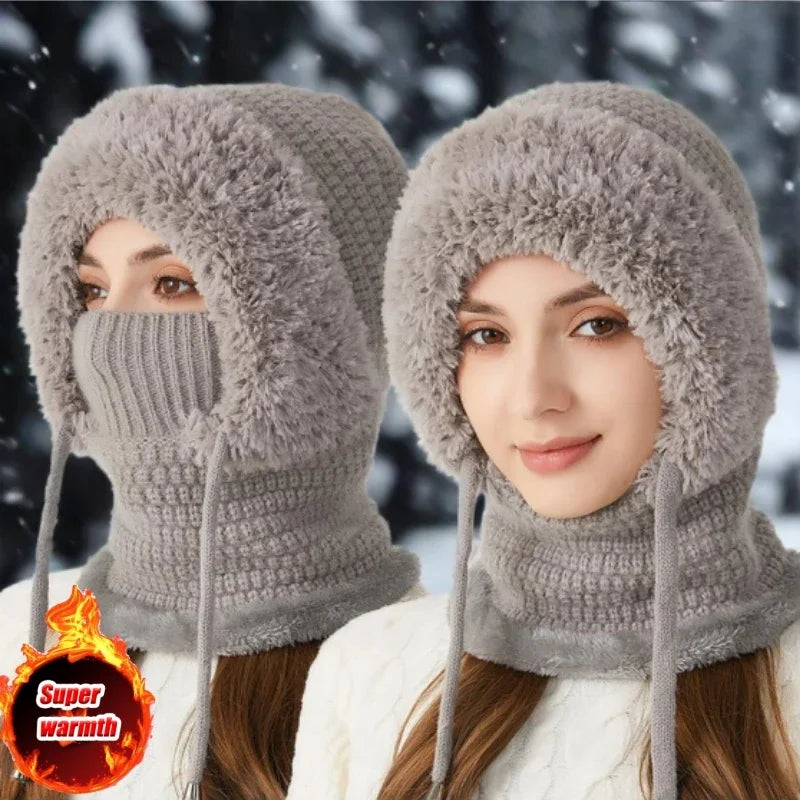 Thermal Knitted Balaclava Hood With Face Mask And Scarf For Women Winter Cycling Outdoor Activities Windproof Ear Warm Hat