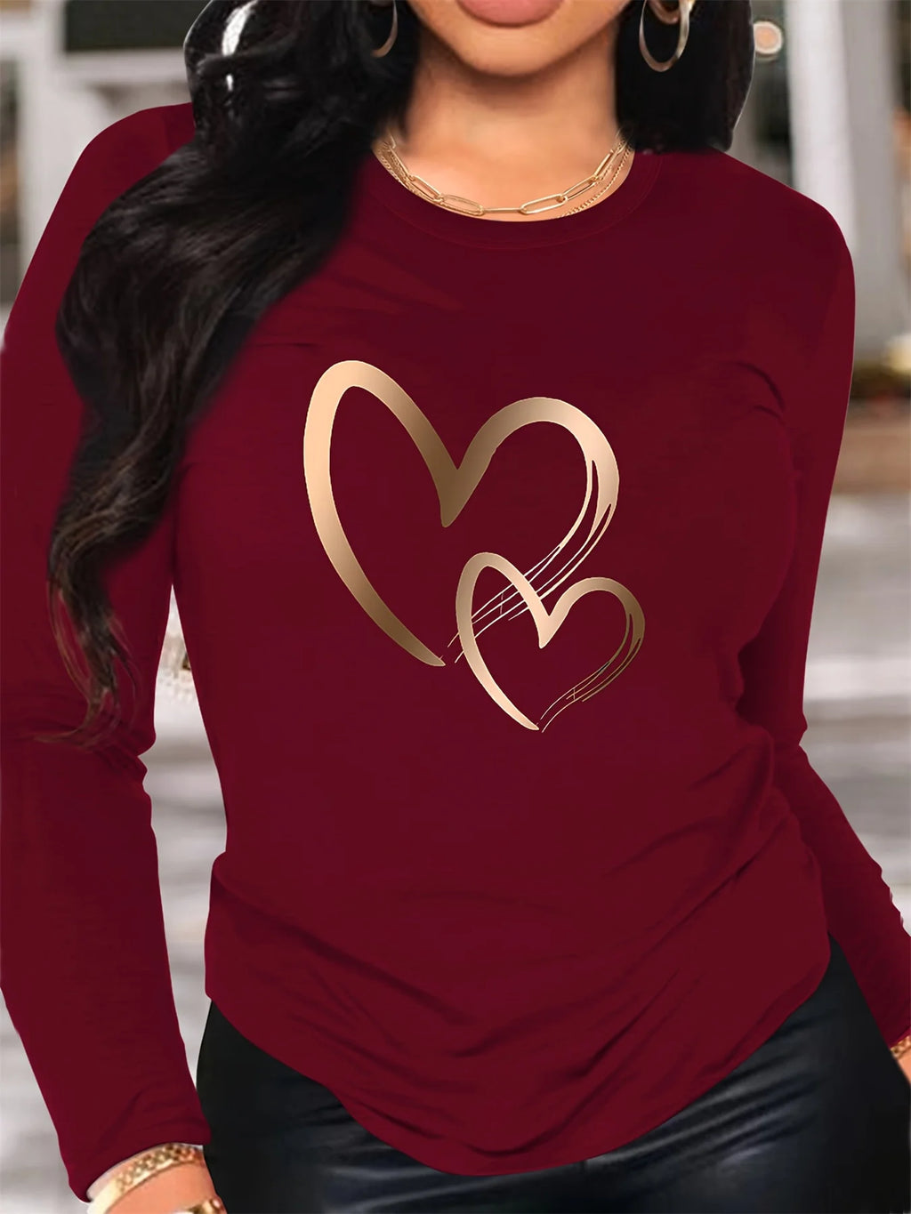 Spring and Autumn Women's 100% Cotton Fashion Casual Loose Heart Pattern Printed Long Sleeve Round Neck T-shirt