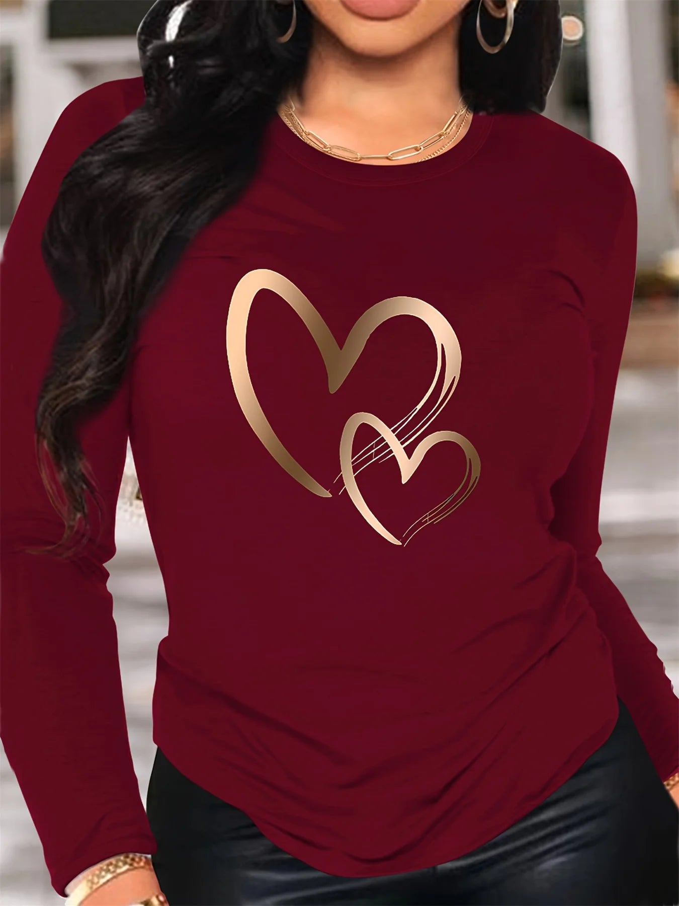 Spring and Autumn Women's 100% Cotton Fashion Casual Loose Heart Pattern Printed Long Sleeve Round Neck T-shirt