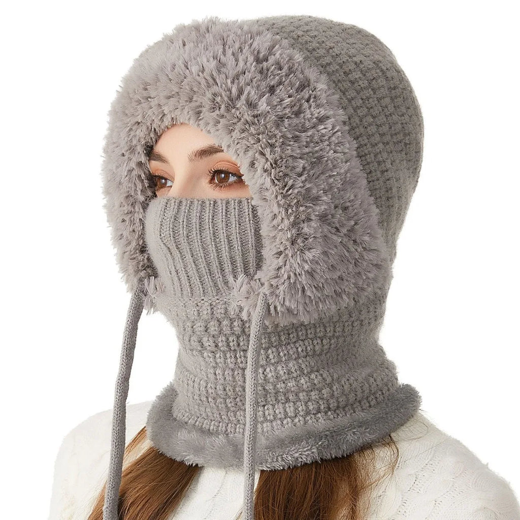 Thermal Knitted Balaclava Hood With Face Mask And Scarf For Women Winter Cycling Outdoor Activities Windproof Ear Warm Hat