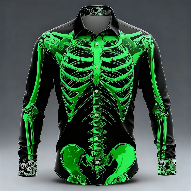 New men's long sleeved shirt skeleton 3D skull print shirt men's fashion pattern long sleeved shirt casual top