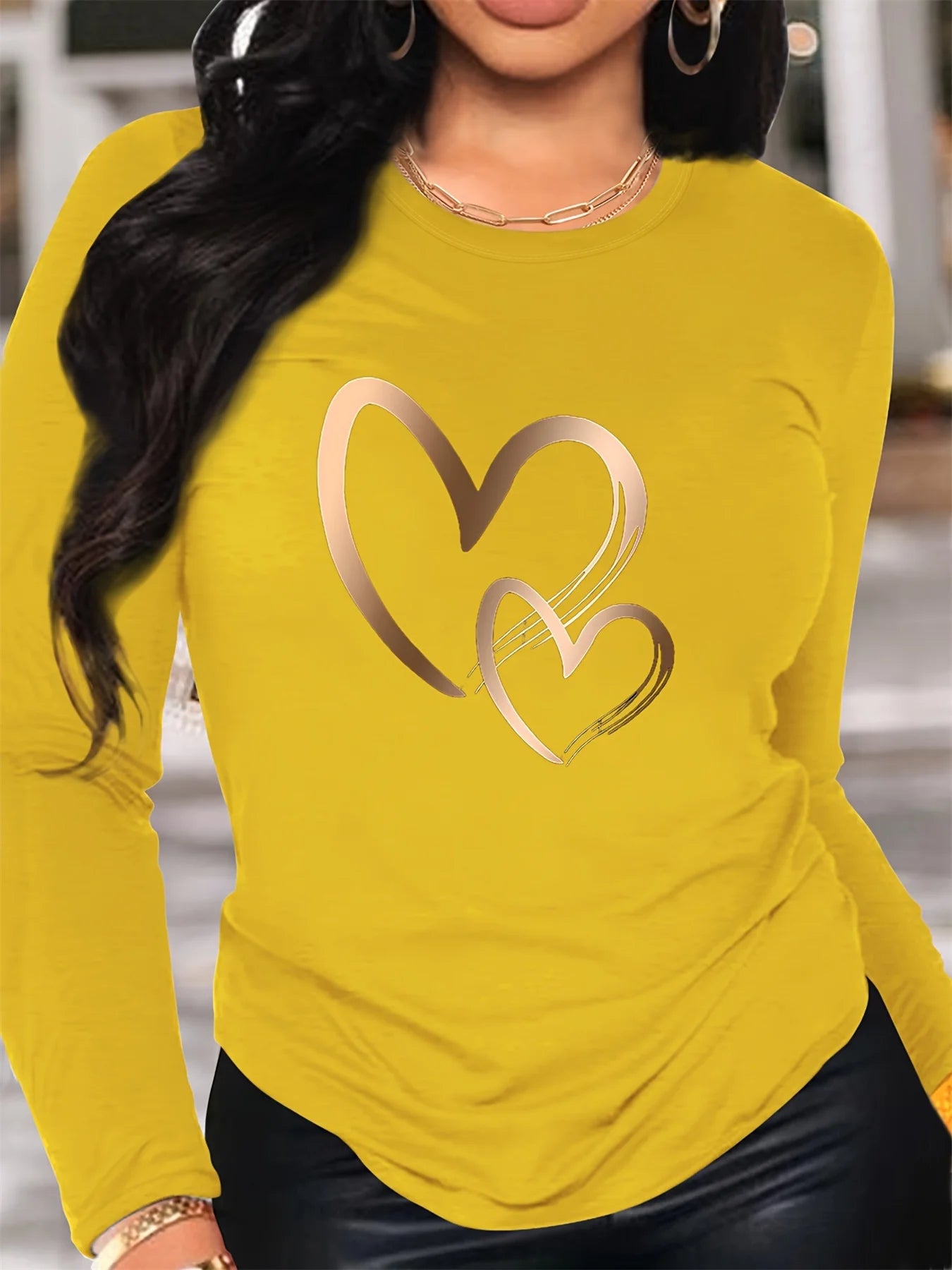 Spring and Autumn Women's 100% Cotton Fashion Casual Loose Heart Pattern Printed Long Sleeve Round Neck T-shirt