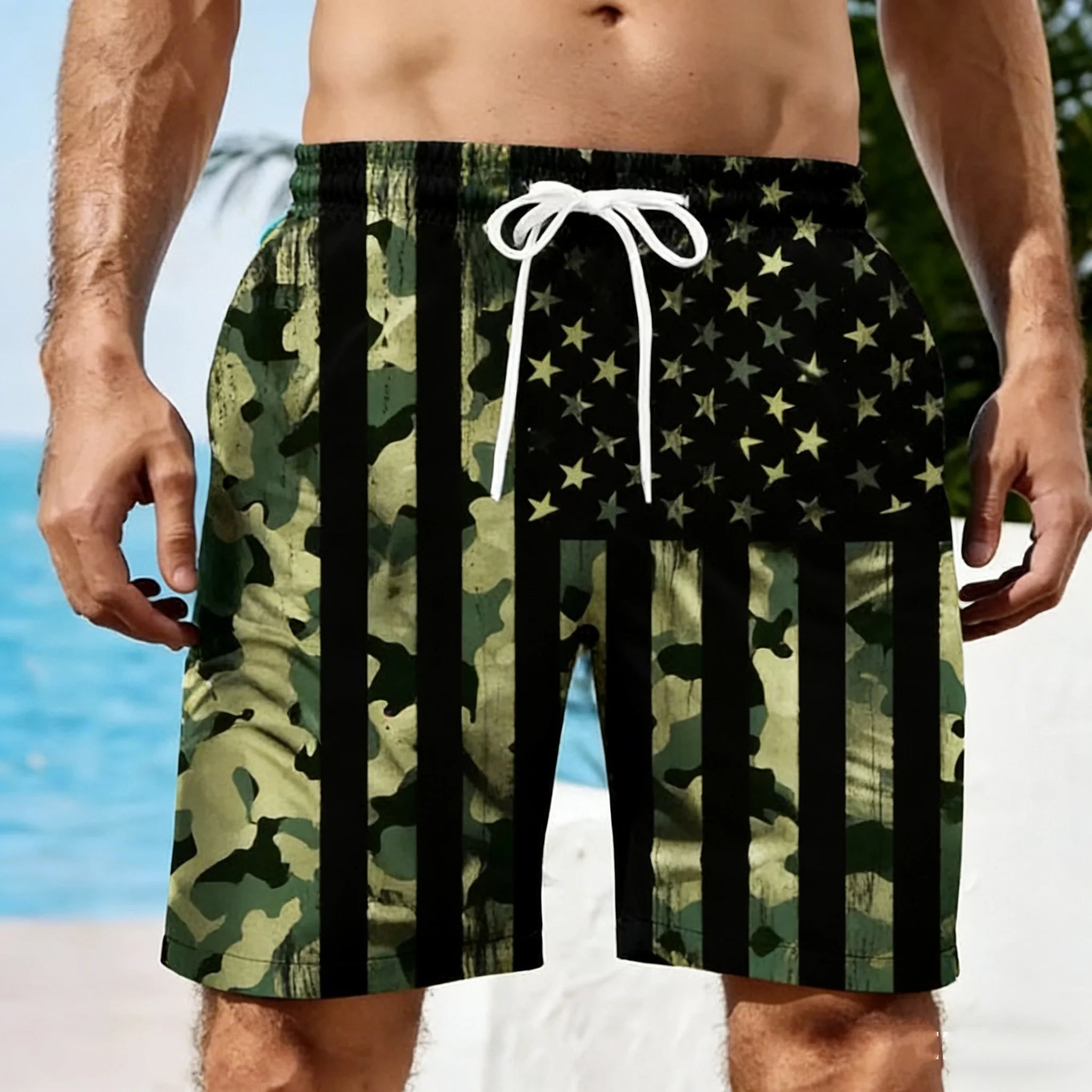 2026 Men 3D USA Flag Graphic Beach Shorts Men's USA Flag Print Surf Board Trunks Male Hawaii Swimwear Pants Mens Cool Ice Shorts