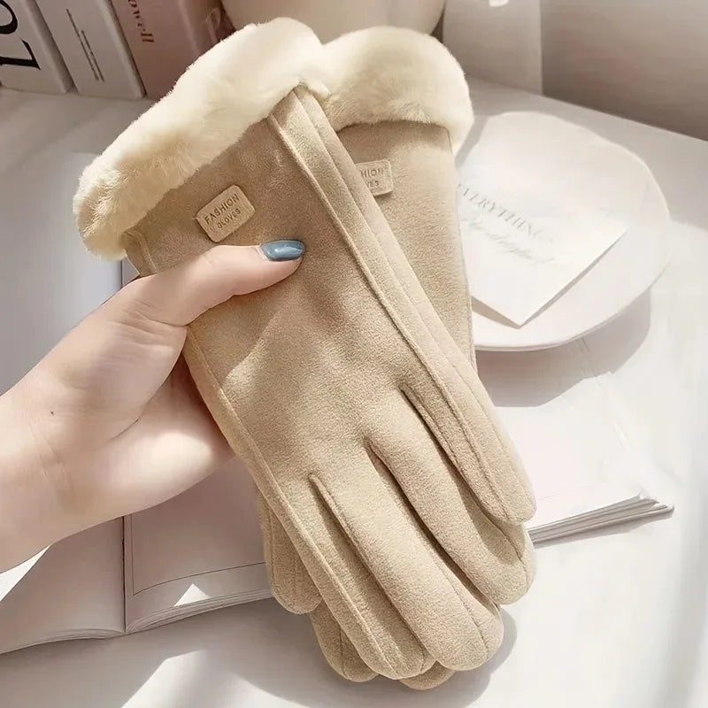 Comfortable beige touchscreen gloves with plush lining - providing thick and warm winter protection for outdoor leisure