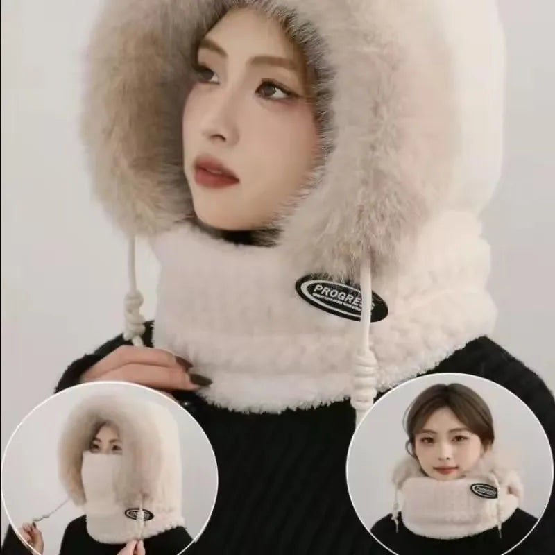 Winter Riding Hat for Women Hood Scarf Mask and Ear Cover Thick Thermal Windproof for Electric Scooter Outdoor Cycling Warmth