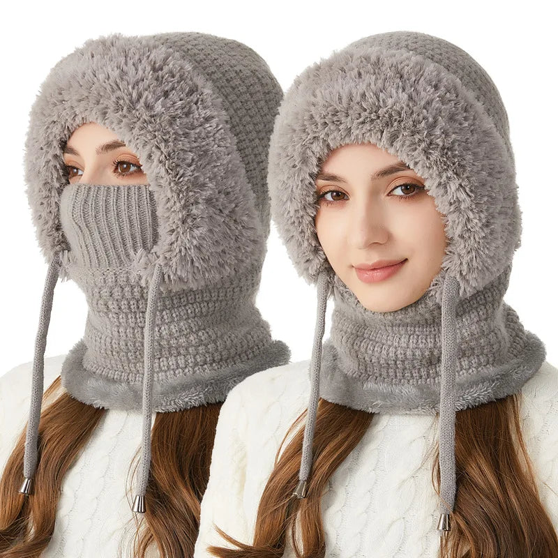 Thermal Knitted Balaclava Hood With Face Mask And Scarf For Women Winter Cycling Outdoor Activities Windproof Ear Warm Hat